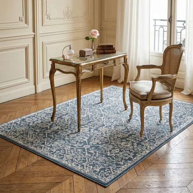 Dywan 60x100 cm ciemnoniebiesko, kremowy z wzorem ornamentu ELORA 6