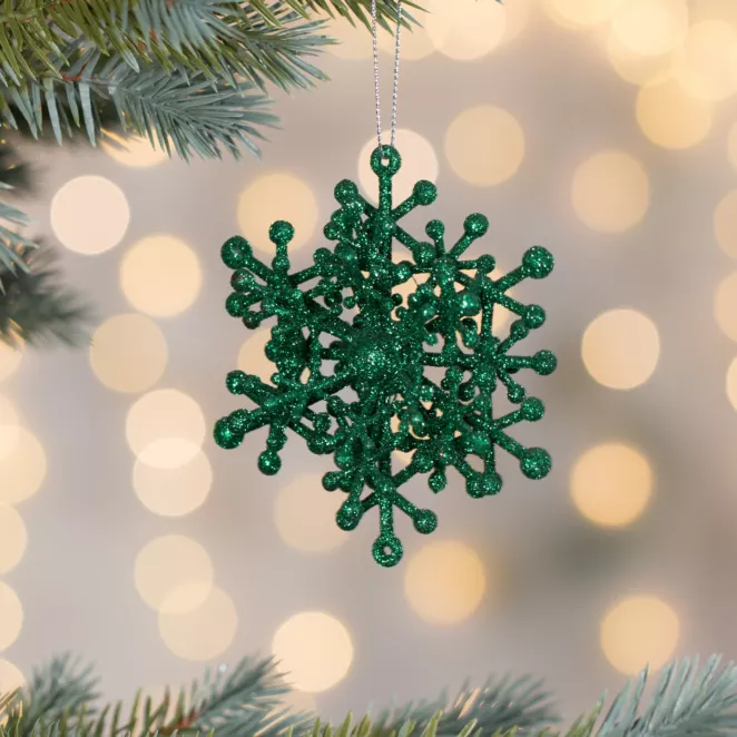 Ozdoba choinkowa ŚNIEŻYNKA obsypana zielonym brokatem