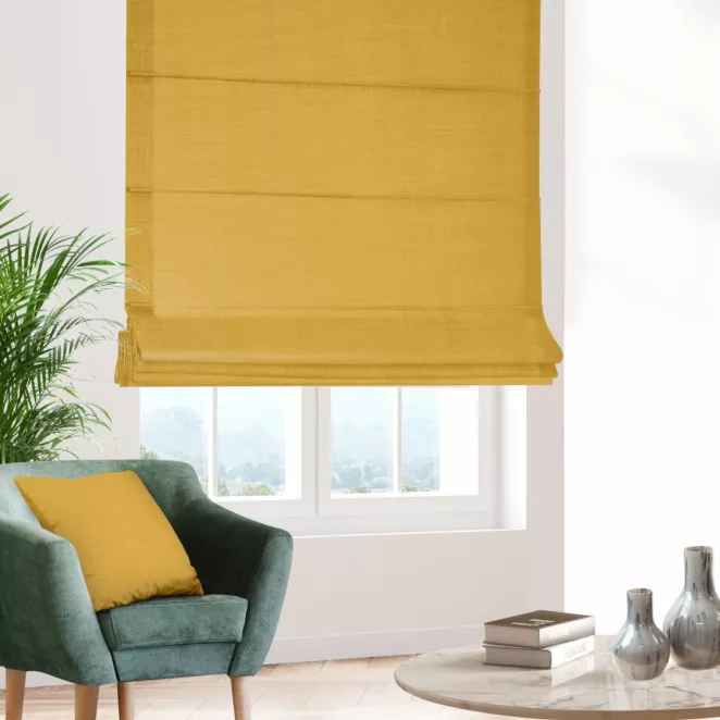 Roleta rzymska musztardowa z miękkiej tkaniny o naturalnym splocie w stylu ekologicznym