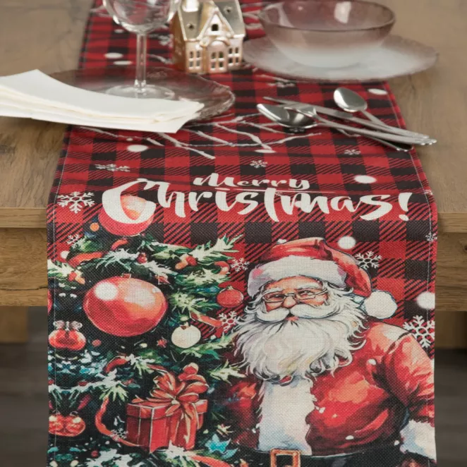 Bieżnik świąteczny na stół 33x183 cm czerwono, zielony zdobiony uroczym nadrukiem Mikołaja