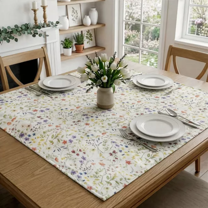 Obrus na stół plamoodporny 85x85 cm biało, fioletowy z motywem drobnych kwiatów - ANNA