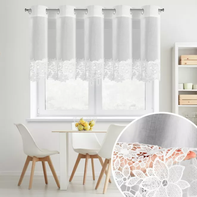 Firana biała z etaminy zdobiona ażurową koronką 200x70 cm, przelotka - ARTEMIDA