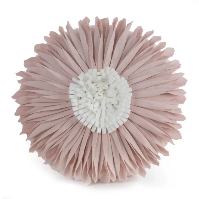 Okrągła poduszka o średnicy 40 cm z welwetu kolor pudrowo, kremowy zdobiona trójwymiarowym kwiatem FLORES 4