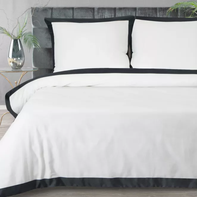 Pościel 160x200 cm komplet 3 częściowy z satyny bawełnianej kolor biały, czarny z kontrastującym obszyciem LAURA