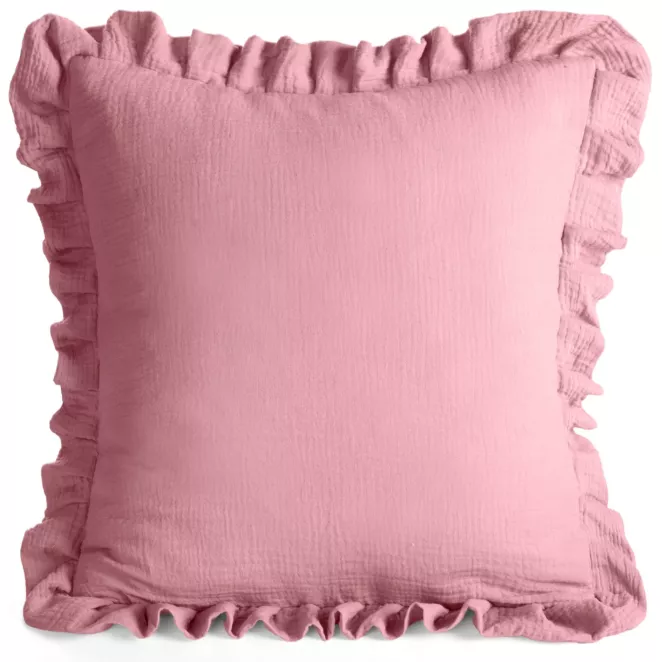 Poszewka na poduszkę 45x45 cm muślinowa z ozdobną falbanką na brzegach różowa MUŚLIN 1