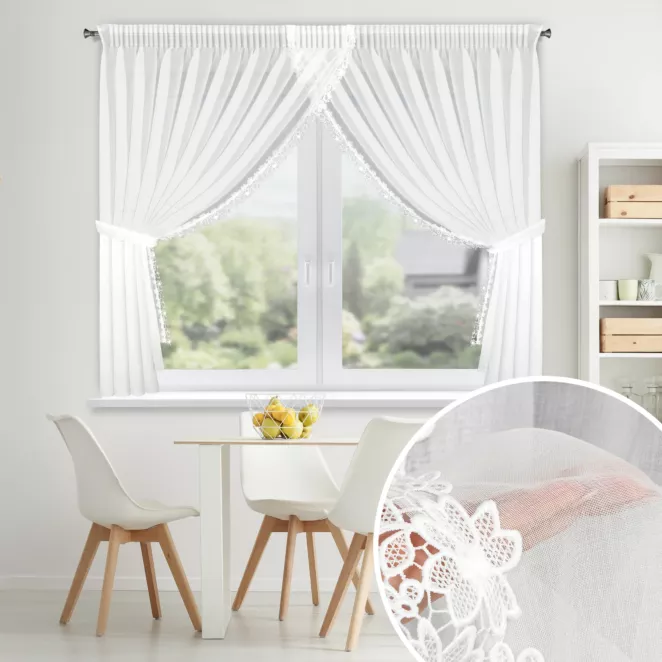 Firana biała z etaminy zdobiona ażurową koronką 400x160 cm troczek w zestawie, taśma - ARTEMIDA
