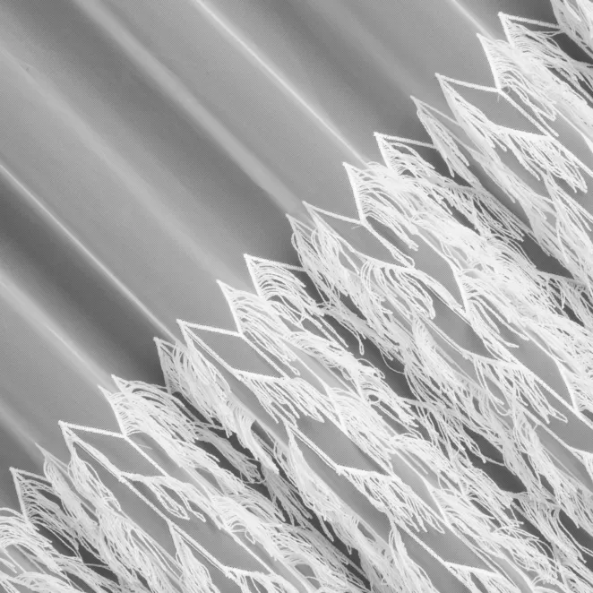 M197/1 Firana szyta na taśmie 5 cm biała z przezroczystej tkaniny peru z puszystymi frędzlowymi pasami wykończona obciążnikiem Italissima Eva Minge