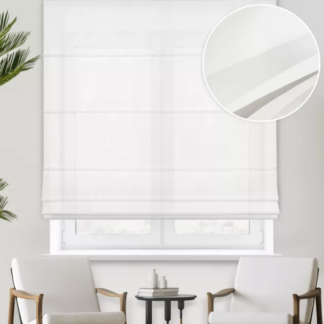 Roleta rzymska LOIDA kremowa półprzezroczysta, matowa, z wysokiej jakości woalu, wykończona obciążnikiem