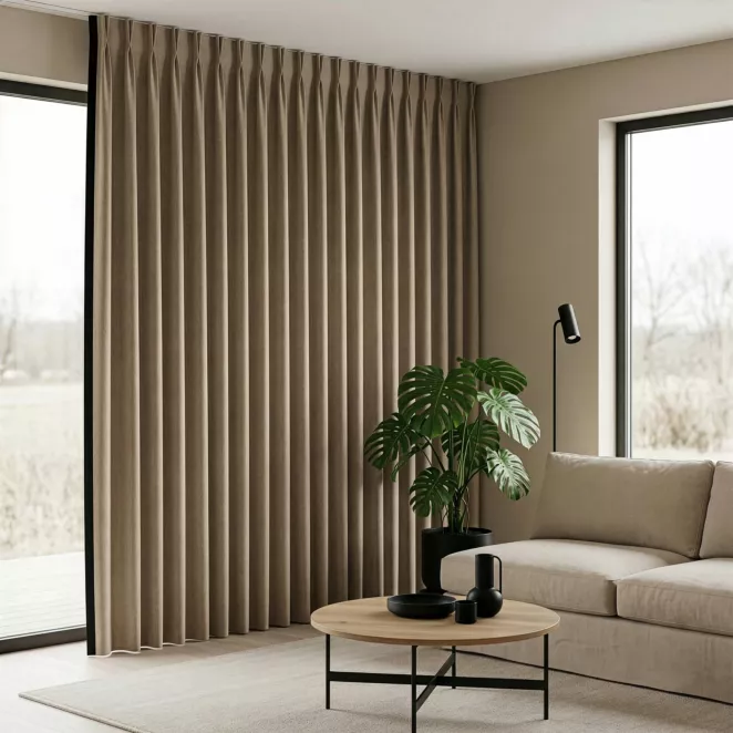 Zasłona beżowo, czarna 100x256 cm o widocznym grubym splocie z ozdobną obszywką flex 1:2