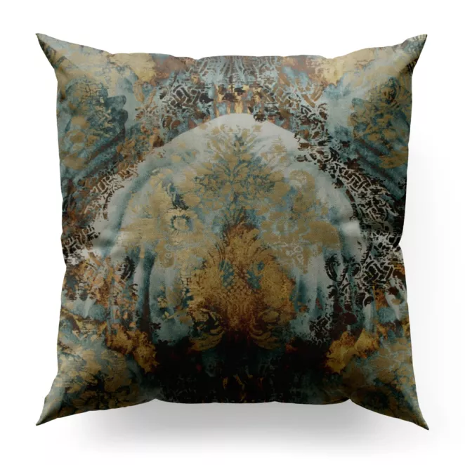 Poszewka szyta jasnoturkusowo złota z grubej welwetowej tkaniny w elegancki ornamentowy wzór Italissima Eva Minge