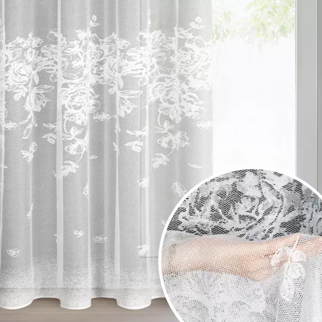 Firana biała żakardowa z roślinnym motywem 140x250 cm przelotka ALEXIA