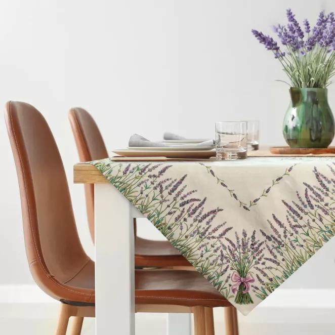 Obrus naturalno, zielony 100x100 cm gobelinowy z tkanym motywem lawendy