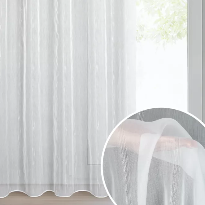 Firana biała z etaminy zdobiona lśniącymi drobnymi paseczkami 140x280 cm taśma ALEXI