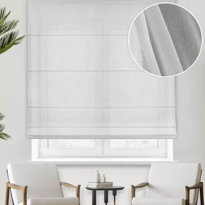 Roleta rzymska srebrna z półmatowej tkaniny z efektem deszczyku, wykończonej obciążnikiem