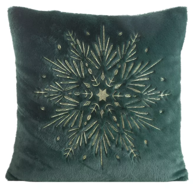 Poszewka na poduszkę świąteczna 45x45 cm ciemnozielono, szampańska z przyjemnego futerka zdobiona haftem śnieżynki
