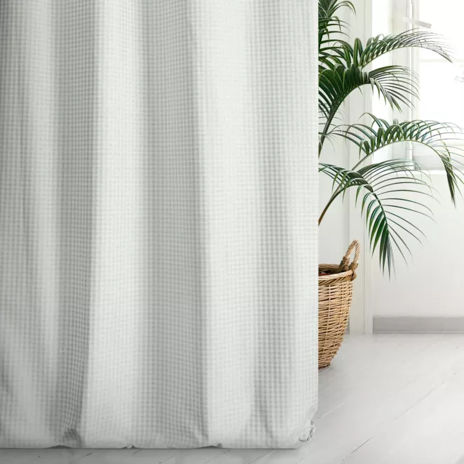 Zasłona szyta na taśmie 5 cm FLAVIO srebrna z dwustronnej tkaniny, deseń w krateczkę z dodatkiem srebrnej nici