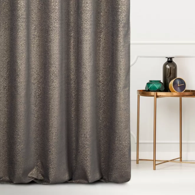 Zasłona szyta na taśmie 5 cm grafitowo złocista z połyskującej tkaniny z geometrycznym, drobnym wzorem Pierre Cardin