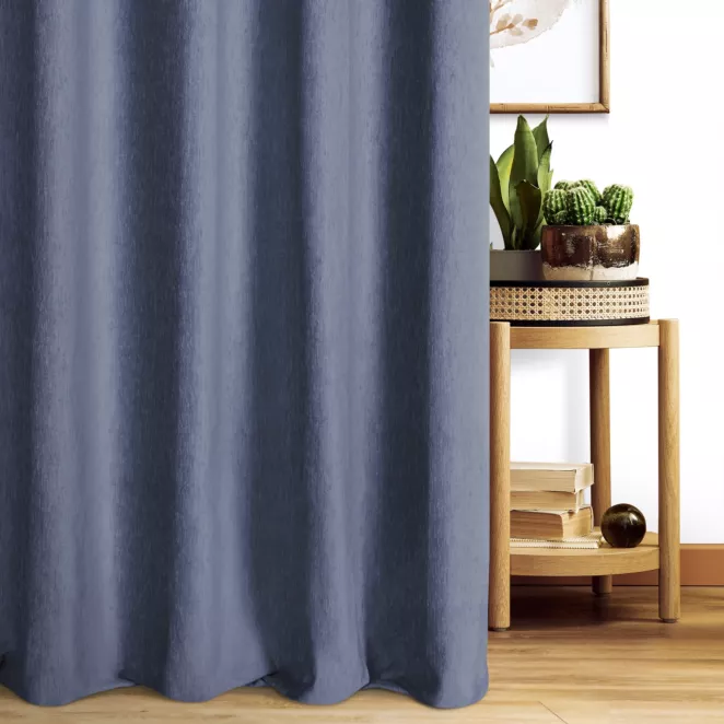 Zasłona szyta na taśmie 5 cm granatowa z miękkiej szenilowej tkaniny z efektem melanżu