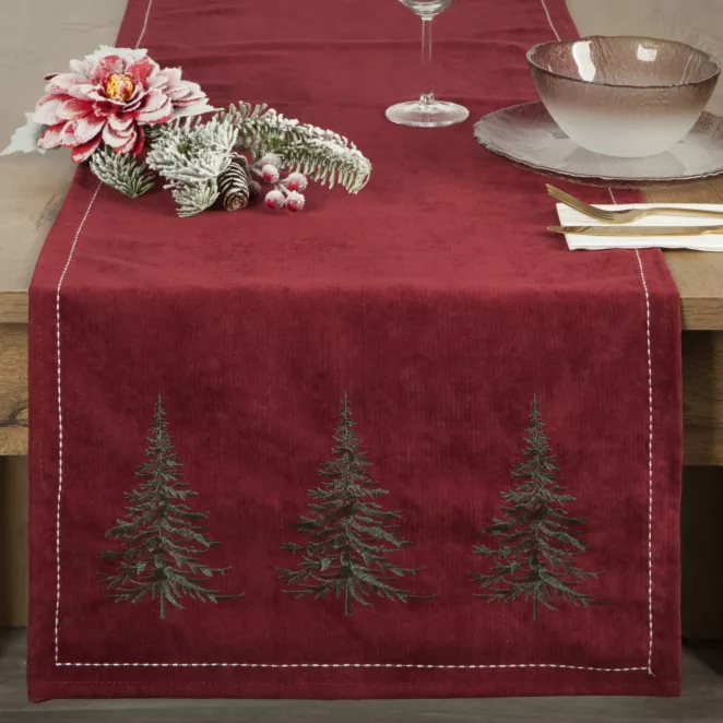 Bieżnik świąteczny na stół 40x183 cm bordowo, zielona zdobiony haftem choinek