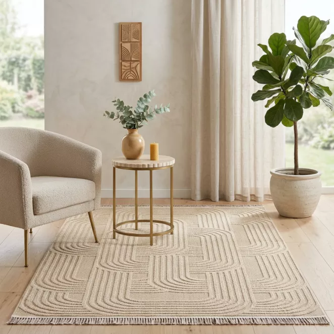 Dywan 80x200 cm beżowy z strukturalnym plecionym wzorem geometrycznym z frędzlami LINEA2 BOHO