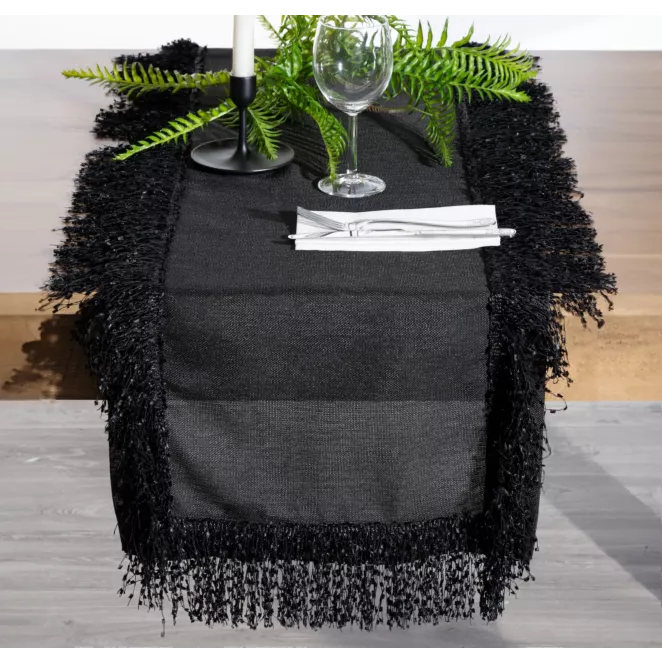Bieżnik na stół czarny 40x140 cm TINA zdobiony puszystymi frędzlami EUROFIRANY PREMIUM