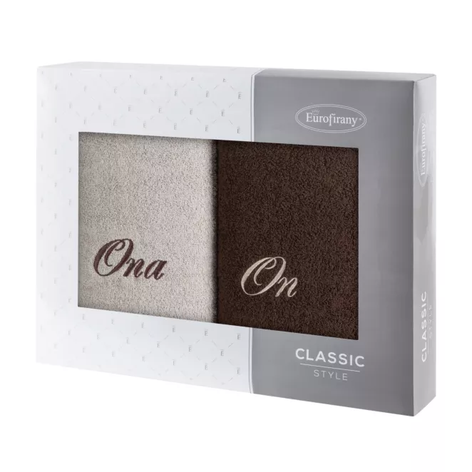 Zestaw ręczników bawełnianych na prezent 2 szt 50x90 cm z haftem ONA I ON kolor beżowy, brązowy 400 g/m2