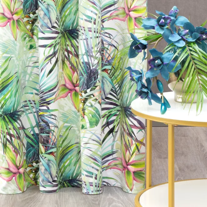 Zasłona biało, zielona zdobiona egzotycznym nadrukiem,welwetowa 140x250 cm przelotka - ROMMY