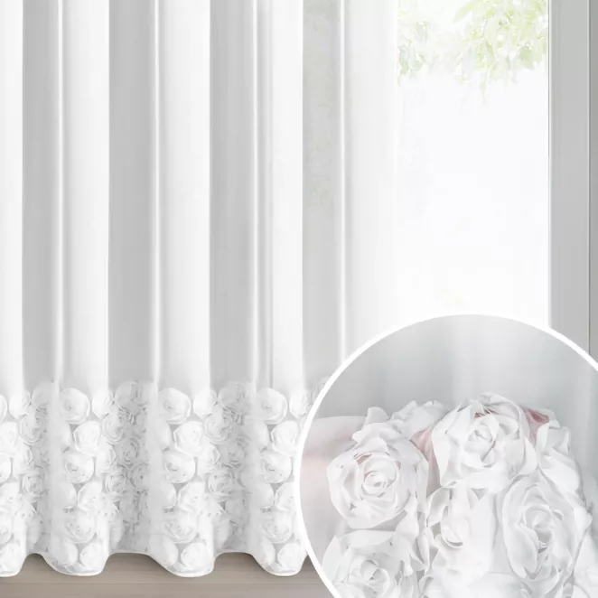 Firana biała z szyfonu zdobiona aplikacją 3D w róże 350x250 cm przelotka - ROSES - Eva Minge