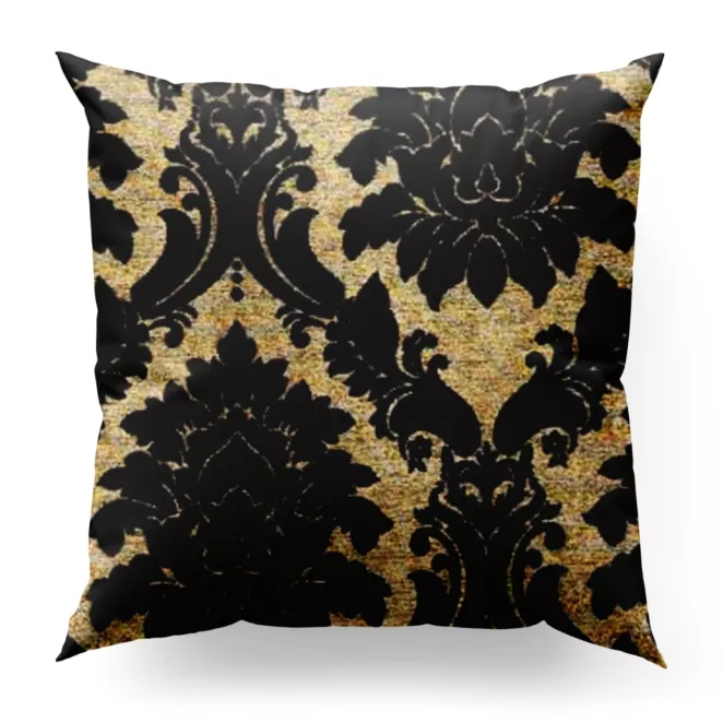 Poszewka szyta czarno złota z szenilowej tkaniny w klasyczny wzór ornamentowy przetykany błyszczącą nicią