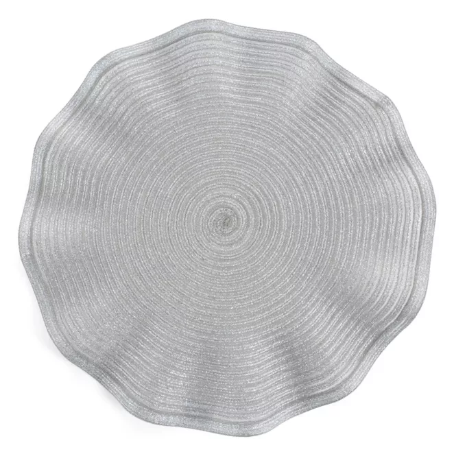 Podkładka okrągła na stół srebrna średnica 38 cm JUNE pleciona o falistych brzegach