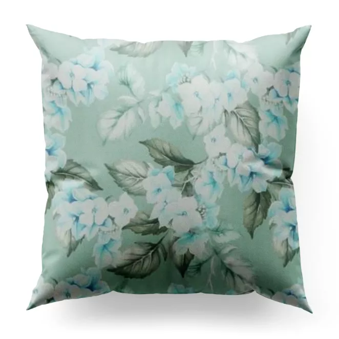 Poszewka szyta miętowa z tkaniny o naturalnym splocie z kwiatowym wzorem