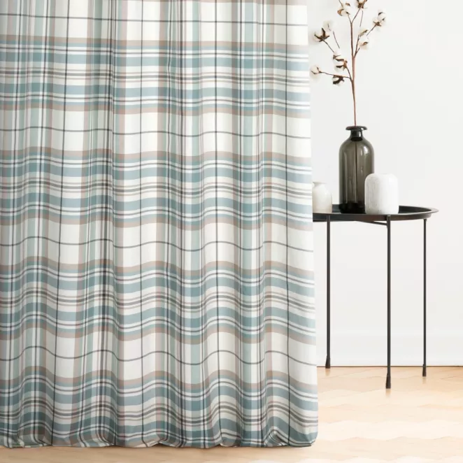 Zasłona szyta na taśmie 5 cm naturalno turkusowa z tkaniny w kratę