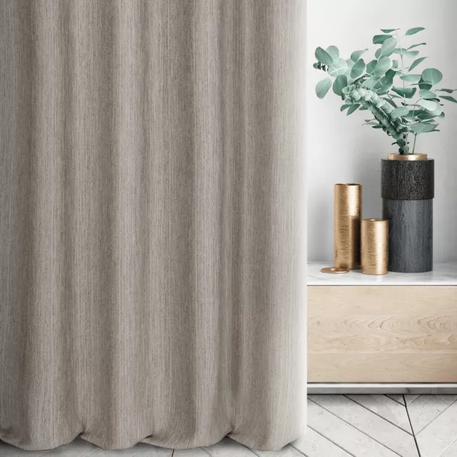 Zasłona szyta na taśmie 5 cm kremowo brązowa z tkaniny o wyraźnym splocie z efektem melanżu