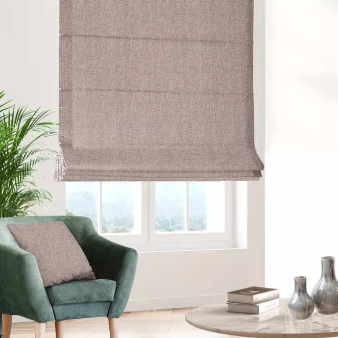 Roleta rzymska wrzosowa z tkaniny o wyraźnym splocie z efektem melanżu