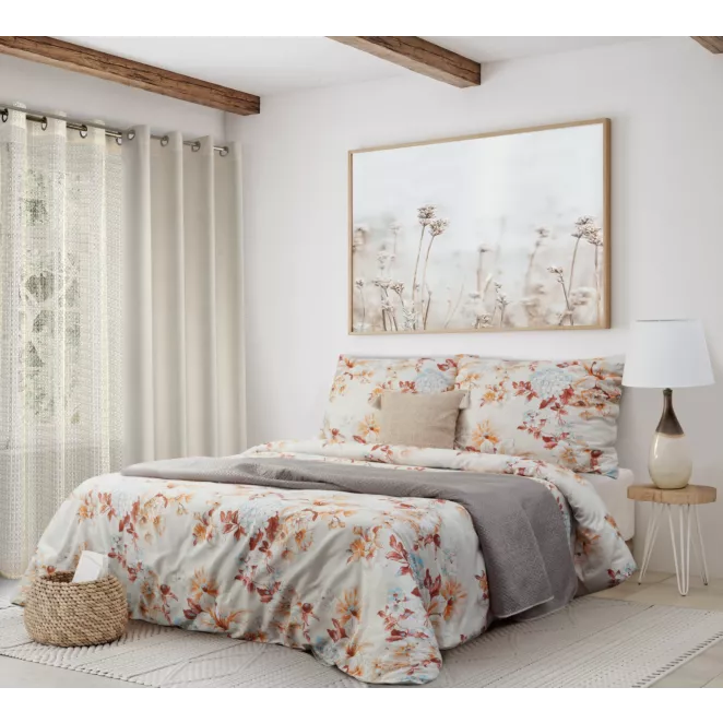 Pościel 220x200 cm z satyny bawełnianej kolor kremowy, ceglasty z kwiatowym wzorem NELLY 3