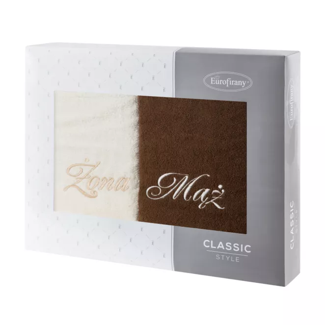 Zestaw ręczników bawełnianych na prezent 2 szt 50x90 cm z haftem Żona i Mąż kolor kremowy,brązowy 400 g/m2