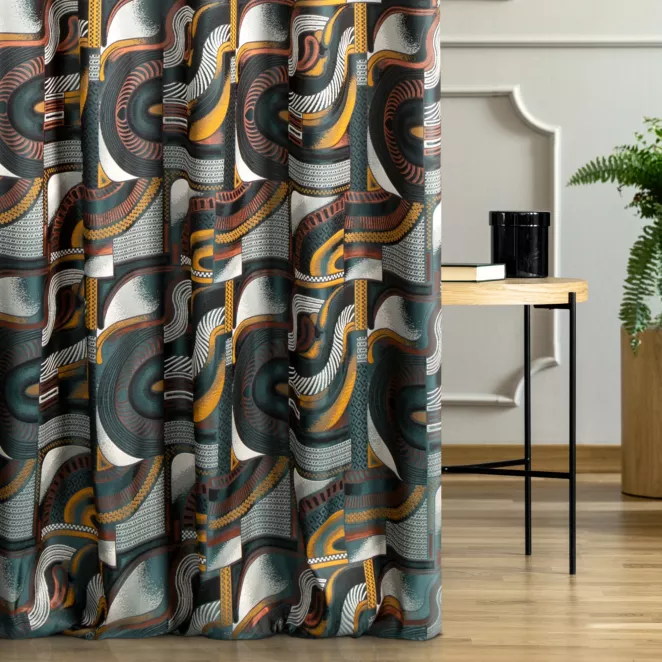 Zasłona szyta na taśmie 5 cm turkusowo złota z miękko układającej się tkaniny z wzorem w stylu ART DECO