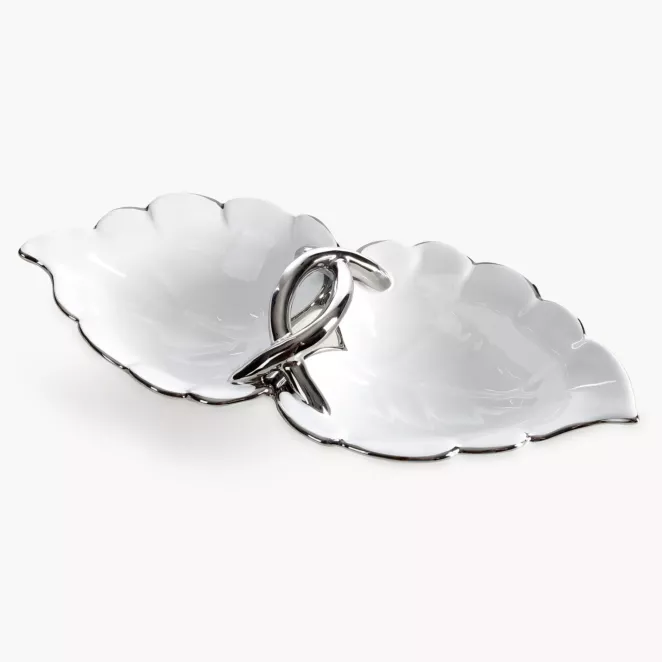 Misa dekoracyjna biało, srebrna w kształcie liścia 35x16x8 cm DONA