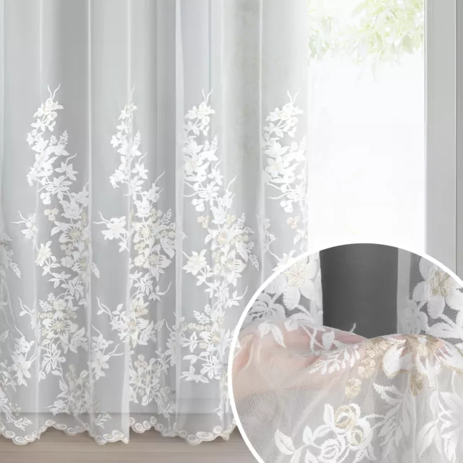 Firana kremowo z siateczki zdobiona haftem z dodatkiem szampańskiej nici 140x250 cm przelotka - ALIRA