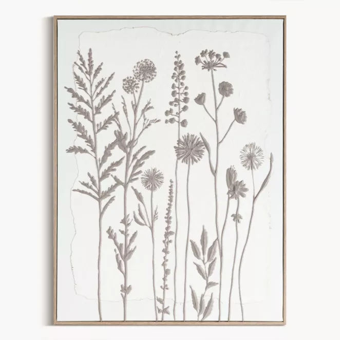 Obraz biały, szarobeżowy nadruk na płótnie subtelnych łąkowych kwiatów 45x60 cm