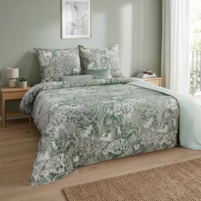 Pościel 160x200 cm komplet 3 częściowy makosatyna bawełniana zielono, biała z wzorem roślinnym REINA 2 - kolekcja FOREST SUMMER