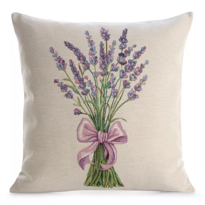 Poszewka na poduszkę 45x45 cm bawełniana, gobelinowa naturalno, zielona  z motywem lawendy GOBELIN