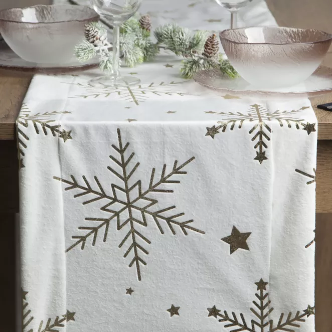 Bieżnik świąteczny na stół 40x140 cm biało, szampański welwetowy zdobiony śnieżynkami