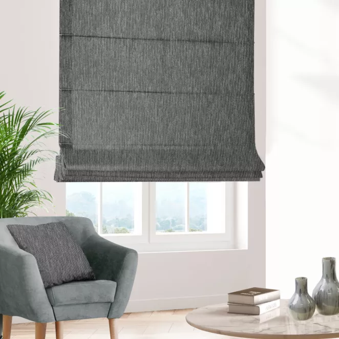 Roleta rzymska ELLEN grafitowa z grubotkanej tkaniny z efektem dwukolorowej nici i lekkim połyskiem Italissima Eva Minge