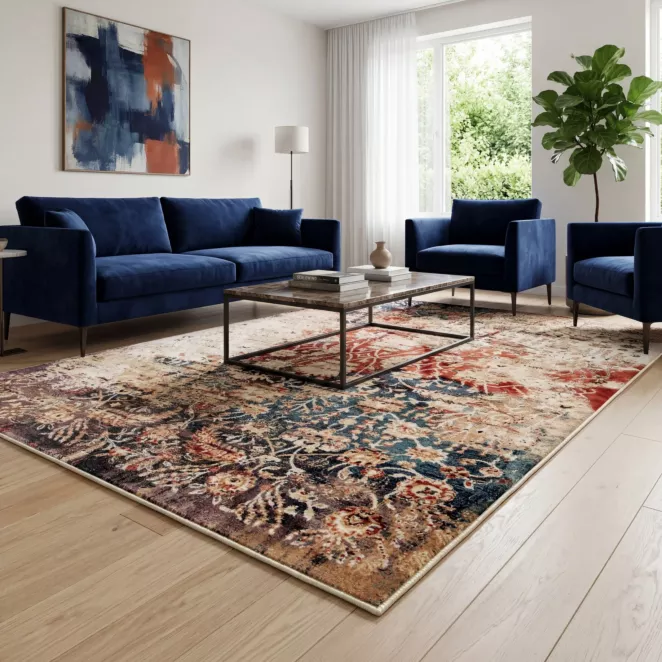 Dywan 60x100 cm kremowy czerwony przecierany zdobiony ornamentem NATURA