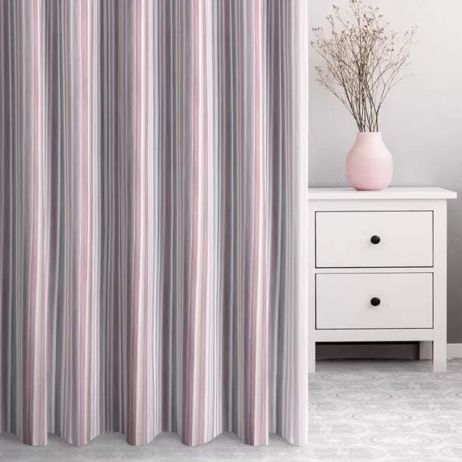 Zasłona szyta na taśmie 5 cm różowo popielata z tkaniny o naturalnym splocie z nadrukowanym wzorem w pasy