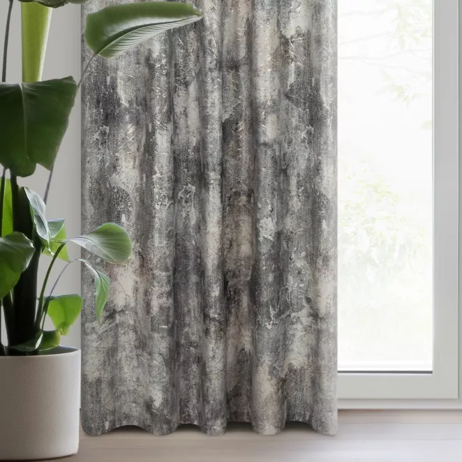 Zasłona welwetowa srebrno, beżowa zdobiona nadrukiem przecieranym 140x270 cm taśma - ESTER