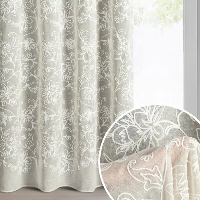 Zasłona beżowa z tkaniny o naturalnym wyglądzie zdobiona szenilowym haftem 140x250 cm przelotki - LILY