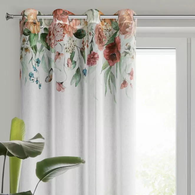 Zasłona biało, ciemnoróżowa ze wzorem letnich kwiatów 140x250 cm przelotka - RISA