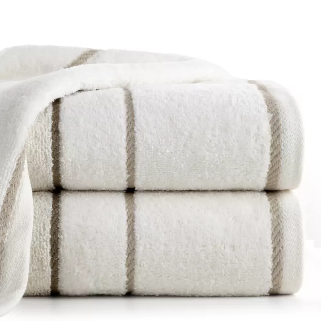 Ręcznik kąpielowy 70x140 cm bawełniany kolor kremowy z welwetową bordiurą i kontrastującymi paseczkami 500 g/m2 NEL